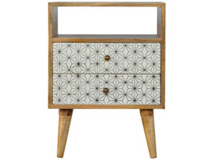 2 Drawer Screen-Printed Geometric Design Bedside Table with Open Slot