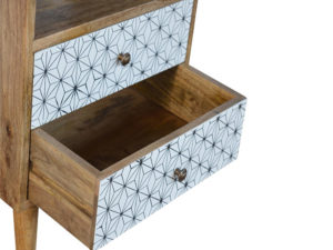 2 Drawer Screen-Printed Geometric Design Bedside Table with Open Slot Open Drawer