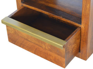 Chestnut Bedside Table with Gold Bar Drawer Open