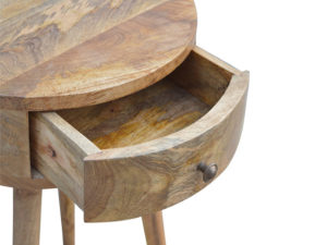 Nordic Circular Wooden Bedside Table Drawer Open