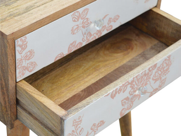 Screen Printed Pink Floral Bedside Table Drawer Open