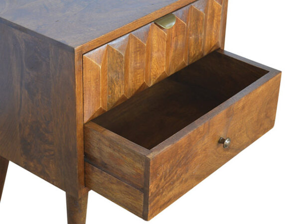 Wooden Chestnut Carved Prism Bedside Table Drawer Open