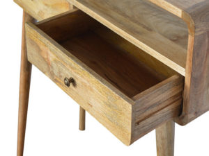Curved Oak-like Mango Wood Console Table Drawer Open