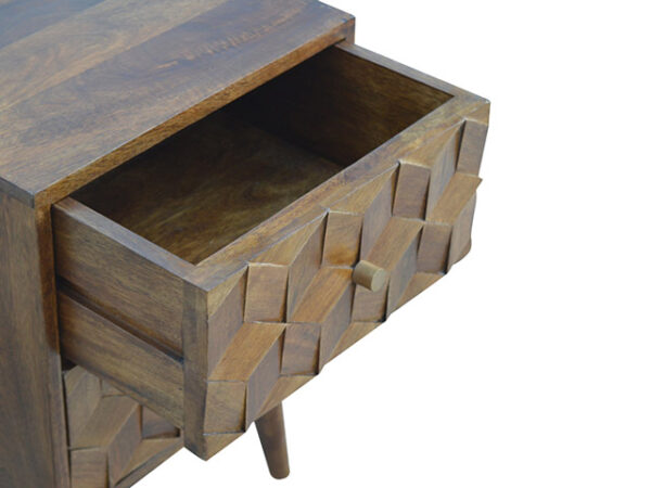 Chestnut Cube Carved Bedside Table Drawer Open