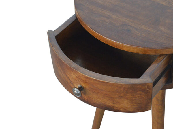 Nordic Chestnut Circular Shaped Bedside Table Drawer Open