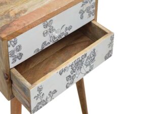 Screen Printed Black Floral Bedside Table Drawer Open