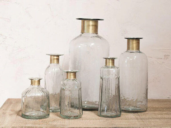 Nkuku Chara Hammered Bottle - Clear Glass & Antique Brass Collection