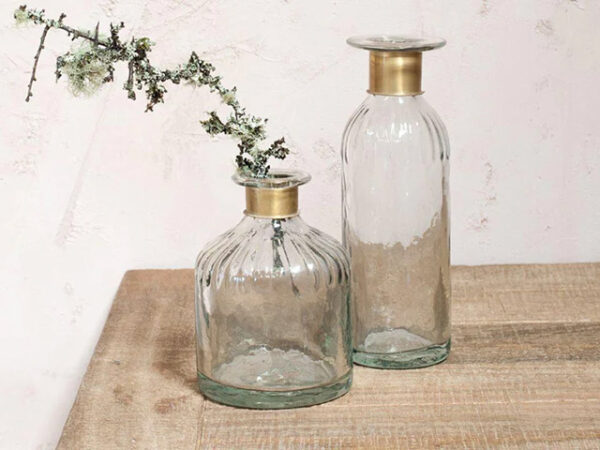 Nkuku Chara Hammered Bottle - Clear Glass & Antique Brass - Small