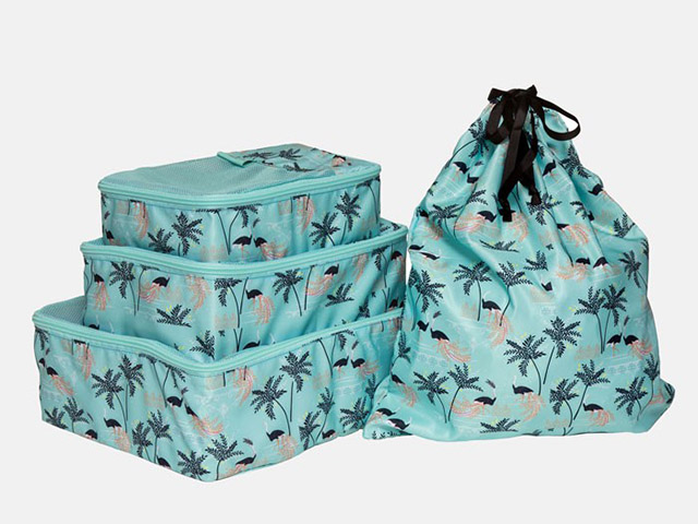 Sara Miller Packing Cubes Mint Ostrich and Palms Set Of 4